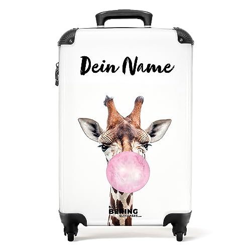 NoBoringSuitcases.com® Koffer personalisiert, Kinder Koffer- 55x40x20cm Handgepäck Trolley, Kindergepäck - Kinder Handy- Giraffe mit Kaugummi - Leicht - Koffer mit Namen Initialen von NoBoringSuitcases.com