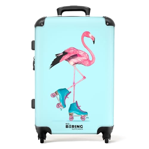 NoBoringSuitcases.com® Reisekoffer Teenager Mädchen Geschenke Trolley Koffer Reisetasche mit Rollen Suitcase Kinder - Flamingo - Rosa - Blau - Koffer mittelgroß, 67x43x25cm von NoBoringSuitcases.com