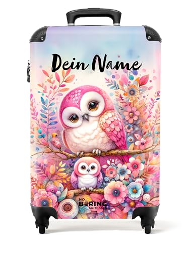 NoBoringSuitcases.com © Kinderkoffer Reisekoffer Koffer Kinder Kindergepäck in Handgepäck-Mittelgroß in 20 Bildern (Personalisiert: Zwei rosa Eulen umgeben von bunten Blumen, 55x40x20 cm) von NoBoringSuitcases.com