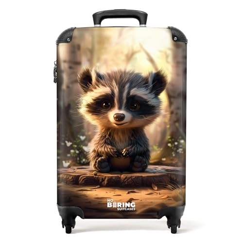 NoBoringSuitcases.com © Kinderkoffer Reisekoffer Koffer Kinder Kindergepäck in Handgepäck-Mittelgroß in 40 Bildern (Junger Waschbär auf einem Baumstumpf im Wald, 55x40x20 cm) von NoBoringSuitcases.com