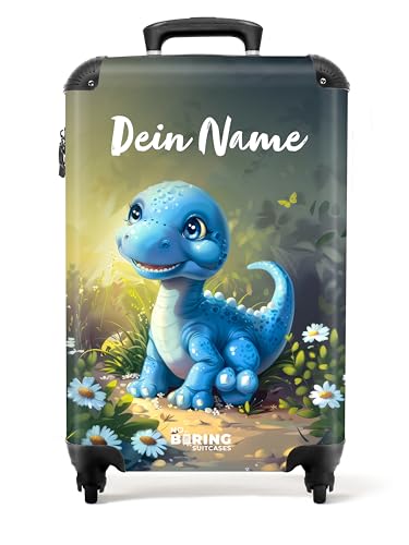 NoBoringSuitcases.com © Kinderkoffer Reisekoffer Koffer Kinder Kindergepäck in Handgepäck-Mittelgroß in 40 Bildern (Personalisiert: Blauer Dinosaurier umgeben von Gänseblümchen, 55x40x20 cm) von NoBoringSuitcases.com