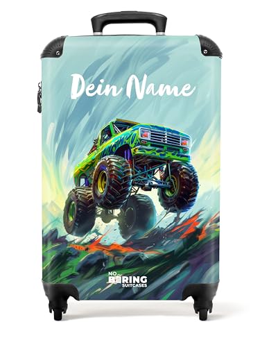 NoBoringSuitcases.com © Kinderkoffer Reisekoffer Koffer Kinder Kindergepäck in Handgepäck-Mittelgroß in 40 Bildern (Personalisiert: Grüner Monstertruck mit Pinselstrichen, 55x40x20 cm) von NoBoringSuitcases.com