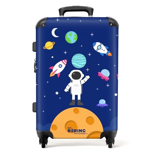 NoBoringSuitcases.com Kinderkoffer, Kinderkoffer Jungen, Koffer Groß, Koffer Kinder Jungen, TSA Schloss, Reisekoffer mit Rollen Groß, Koffer Mittelgroß (Astronaut, Pflanzen - Dunkelblau, 67 cm - 72 L) von NoBoringSuitcases.com