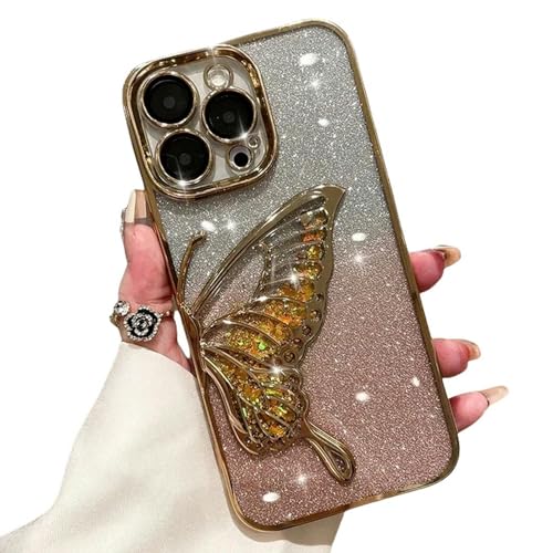 Nogkdyc Für iPhone 15 Hülle 3D Glitter Butterfly Quicksand Niedliche Hülle Für iPhone 15 14 11 12 13 Pro Max -Schutzabdeckung-Für iPhone 15Pro-Gold von Nogkdyc