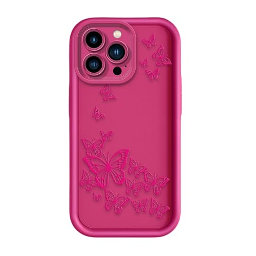 Nogkdyc Silicone Handyhülle für iPhone 16 Hülle Geprägte Butterfly Phone Case Für IPhone16ProMax Phone Case Silikon Anti-Drop Full Pack Soft Shell Für IPhone15 Fall 14Promax-dunkelrosa-Für iPhone 14 von Nogkdyc