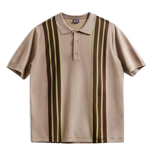 Nogkdyc T-Shirts Herren Herren Sommer Kurzärmelig Atmungsaktueller Strickhemd Vintage Stripe Revers Contrast 3 Knopf Hals Bowling Poloshirt-Khaki-L von Nogkdyc