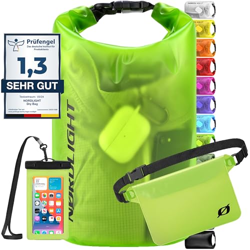 Nordlight wasserdichte Tasche 3er Set (Grün) - Dry Bag 10l + wasserdichte Handyhülle + wasserdichte Hüfttasche | IPX8 Schutz | Mit Verstellbaren Gurten Für Strand, Stand Up Paddling von Nordlight