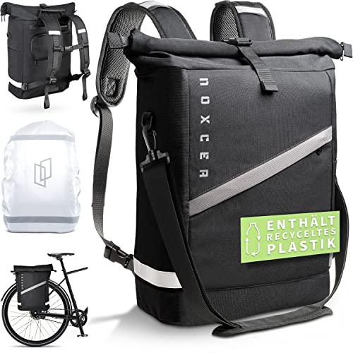 Noxcer 3in1 Fahrradtasche für Gepäckträger & Rolltop Rucksack - 25L Volumen Wasserabweisend Recycelt inkl. Regenschutz - Gepäckträgertasche fürs Fahrrad - Rucksack mit Laptopfach von Noxcer