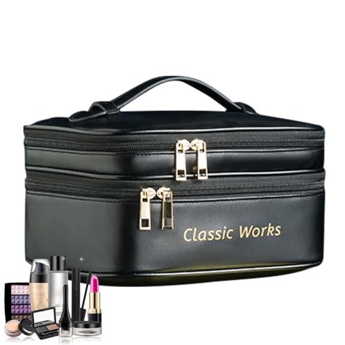 Nubamzy Make-up-Tasche, doppellagig, wasserdichte Make-up-Tasche, Reise-Make-up-Tasche für Damen, PU-Leder, große Kosmetiktasche, Organizer für Reisezubehör, Flaschen, Pinsel, Schwarz , Refer to von Nubamzy