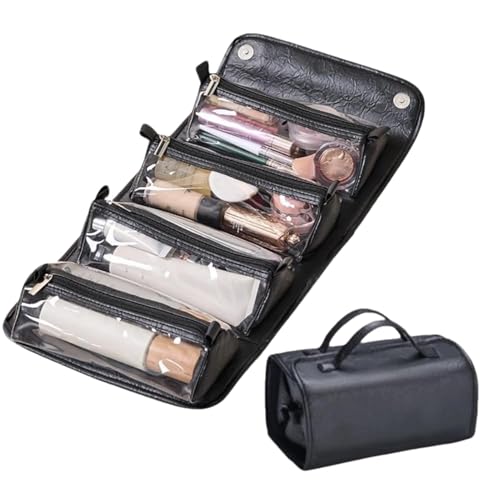 Nybhyjka Aufrollbare Make-up-Organizer-Tasche, aufrollbare Kulturbeutel-Reisetasche | Tragbare Make-up-Tasche aus Leder - 4 abnehmbare, durchsichtige Fächer, offen, flach, wasserdicht, tragbar, von Nybhyjka