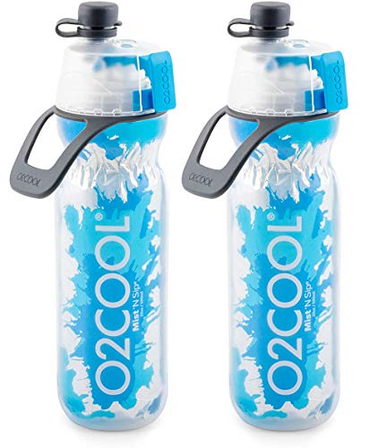O2COOL Arctic Squeeze Isolierte Mist 'N Sip Wasserflasche, 2 Packungen, 590 ml, BPA-frei, 2-in-1 Nebel- und Trinkfunktion, ohne Auslauf, mit ausziehbarem Auslauf, Spritzblau von O2COOL