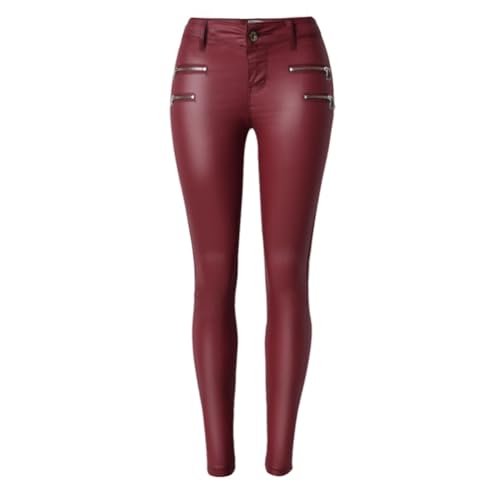 OATTIS Damenhose Weinrot, Niedrige Taille, Elastische Füße, Hose Mit Doppelten Reißverschlüssen, PU-Lederhose Für Damen,L von OATTIS