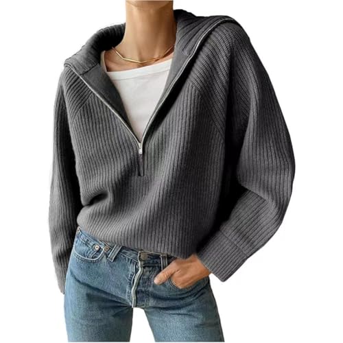 OATTIS Gestrickte Jumper Reißverschlüsse Verstärktes Sexy Drehen Unten Kragen Pullover Solide Langarm High Street Frauen Pullover Lose Herbst,Farbe1,XL von OATTIS