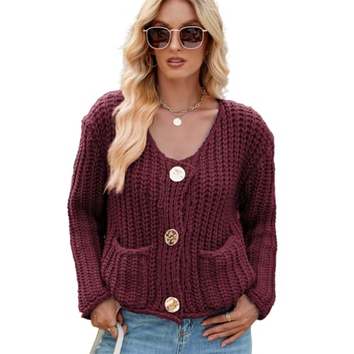 OATTIS Neue Einfarbig Einreihige Runde Taste Pullover Frauen Bequeme Casual Doppel Tasche Mantel Modische V-Ausschnitt Gestrickte Tops,Farbe7,M von OATTIS