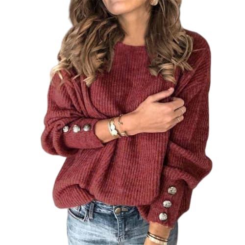 OATTIS Pullover Frauen Plus Größe Lose Hülse Gestrickte Pullover Knopf Lange Pullover Frauen Tops,Farbe2,S von OATTIS