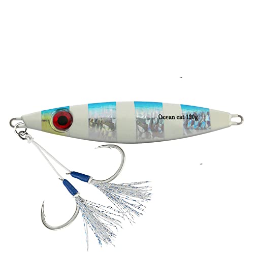 OCEAN CAT 1 Stück Langsamer Fall-Angelköder, sinkender Blei-Metall, flache Jigging-Köder mit Haken zum Salzwasserangeln, 100 g/120 g/180 g (blau, 120 g) von OCEAN CAT