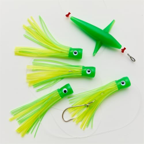 OCEAN CAT Chugger Chain Schleppköder für Salzwasser, Angelköder, Tasche mit Kreishaken und Angelschnur, vollständig ausgerüstet, für Wahoo Thunfisch, Marlin, Mahi, Mahi (#042-Grün, 15,2 cm + 12,7 cm + von OCEAN CAT