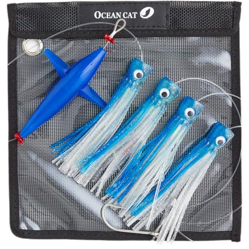 OCEAN CAT Salzwasser Schleppköder, Chugger, Tintenfisch, Gänseblümchen, Vogel-Teaser für Salzwasserangeln, Rigged mit Haken für Wahoo Thunfisch, Mahi, Delfin, Segelfisch, Blau und Silber, 15,2 cm von OCEAN CAT