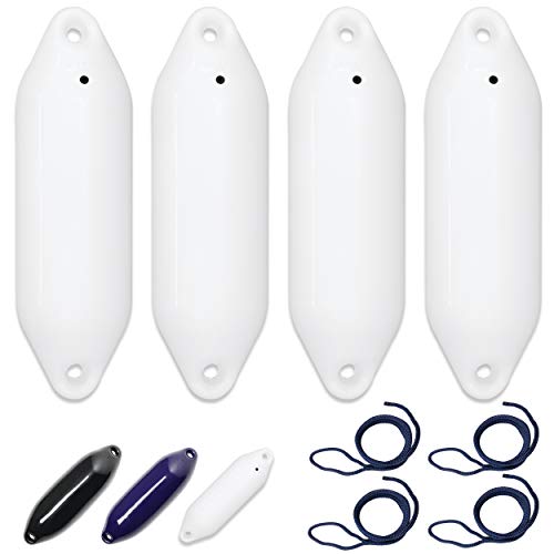 HonuNautic 4er Set Fender incl. Fenderleinen | U-Serie | Farbe: Weiß | Größe: Ø 12 x L 40 cm | Boot & Yacht Stegfender, Langfender von HonuNautic