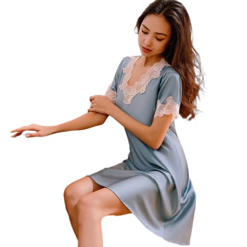 OFFSUM Kurzarm Pyjama Für Damen - Sommer Satin Nachthemd Spitze V-Ausschnitt Kurzarm Nachthemd Mittellanges Nachthemd Lässig Sexy Prinzessin Stil Nachtwäsche,Blau,M OFFSUM Kurzarm Pyjama Für Damen - Sommer Satin Nachthemd Spitze V-Ausschnitt Kurzarm Nachthemd Mittellanges Nachthemd Lässig Sexy Prinzessin Stil Nachtwäsche,Blau,M von OFFSUM