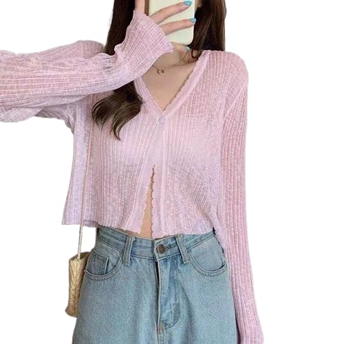 OFFSUM Strickjacke Für Damen - Süße Einreihige Temperament-Strickjacke Sommer Lässig Einfarbig Leichte Sonnenschutzkleidung V-Ausschnitt Mantel Rosa S OFFSUM Strickjacke Für Damen - Süße Einreihige Temperament-Strickjacke Sommer Lässig Einfarbig Leichte Sonnenschutzkleidung V-Ausschnitt Mantel Rosa S von OFFSUM