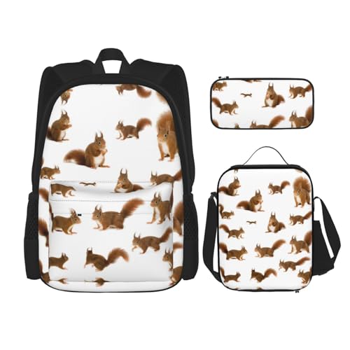 OKFSTY Niedlicher Eichhörnchen-Rucksack, 40,6 cm, für Jungen, Vorschule, elementare Büchertasche und Lunchbox, geringes Gewicht, 3 Stück, Schwarz , Einheitsgröße, Schulranzen-Set von OKFSTY