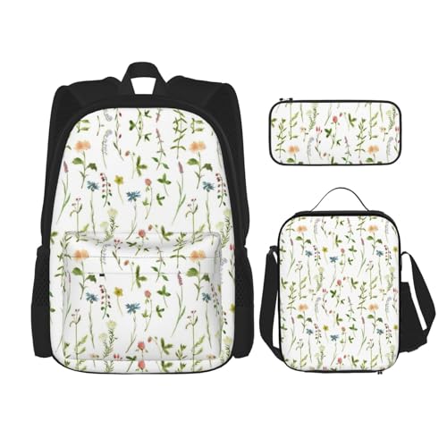 OKFSTY Season Watercolors of Herbs Flowers Rucksack, 40,6 cm, für Jungen, Vorschule, Elementar-Büchertasche und Lunchbox, leicht, 3 Stück, Schwarz , Einheitsgröße, Schulranzen-Set von OKFSTY