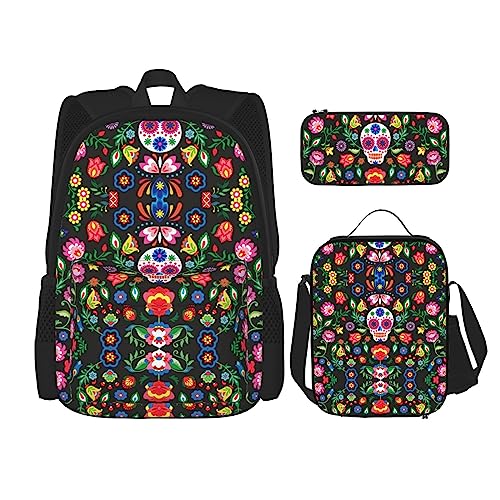 OKFSTY Sugar Horror Totenkopf und Blumen, 3-teilig, Rucksack, 40,6 cm, für Jungen, Vorschule, Elementar-Büchertasche und Lunchbox, geringes Gewicht, Schwarz , Einheitsgröße, Schulranzen-Set von OKFSTY