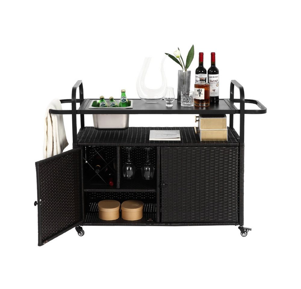 OKWISH Servierwagen Außenstangentisch, Wicker Bar Cart mit Schran, (Beistellwagen, Rollwagen, Küchenwagen, 1 St., Allwetter-Anpassungsfähigkeit), mit Stahloberteil, einem Eiseimer, abschließbaren Rädern von OKWISH