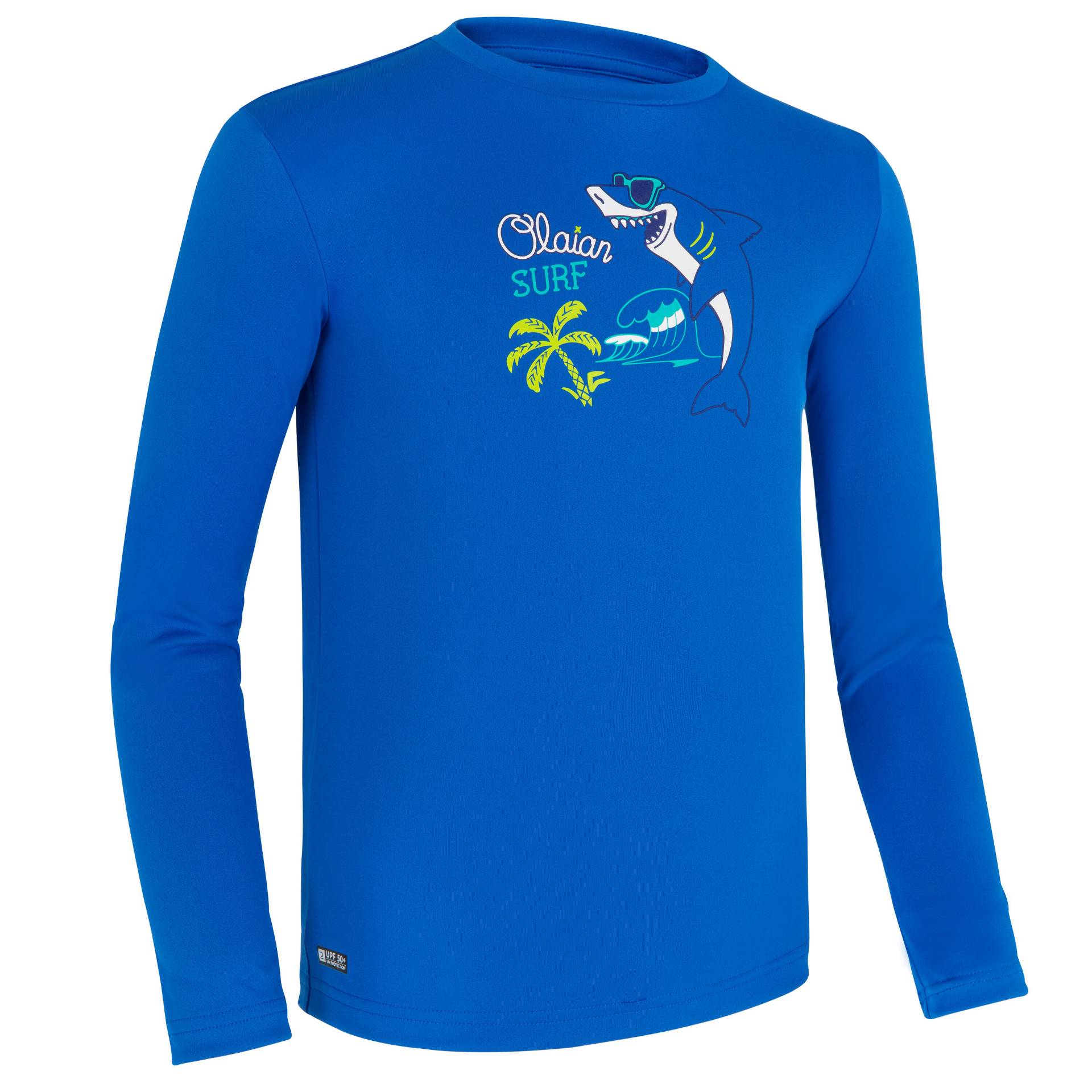 Wasser-T-Shirt Surfen Kinder UV-Schutz langarm - blau bedruckt Wasser-T-Shirt Surfen Kinder UV-Schutz langarm - blau bedruckt von OLAIAN