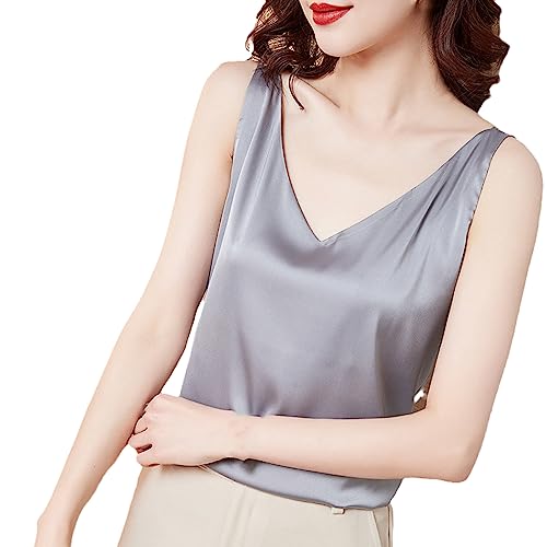 OLEETS Damen Unterhemd - EIS Seide Leibchen Frauen V-Ausschnitt Tops Weste Sommer Büro Tragen Kleidung Mode Elegante Einfache Streetwear Einfarbig, Grau, XL von OLEETS