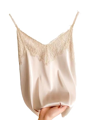 OLEETS Damen Unterhemd - Sexy Spitze Damen Satin Seide V-Ausschnitt Slim Tops Sommer Ärmellose Weste Spaghettiträger Lässig Bequem Elegant Büro Party Kleidung,Khaki,XL OLEETS Damen Unterhemd - Sexy Spitze Damen Satin Seide V-Ausschnitt Slim Tops Sommer Ärmellose Weste Spaghettiträger Lässig Bequem Elegant Büro Party Kleidung,Khaki,XL von OLEETS