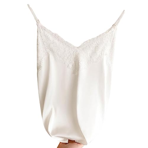 OLEETS Damen Unterhemd - Sexy Spitze Damen Satin Seide V-Ausschnitt Slim Tops Sommer Ärmellose Weste Spaghettiträger Lässig Bequem Elegant Büro Party Kleidung,Weiß,XXL von OLEETS