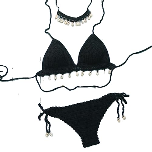OLEETS Häkel Bikini Set Für Damen -3 Stück Muschel-Quasten-Oberteil, Sexy Tanga, Ausgehöhlter Badeanzug Mit Niedriger Taille, Modischer Spaghetti-Träger, Sommer-Badeanzug, Schwarz, S OLEETS Häkel Bikini Set Für Damen -3 Stück Muschel-Quasten-Oberteil, Sexy Tanga, Ausgehöhlter Badeanzug Mit Niedriger Taille, Modischer Spaghetti-Träger, Sommer-Badeanzug, Schwarz, S von OLEETS