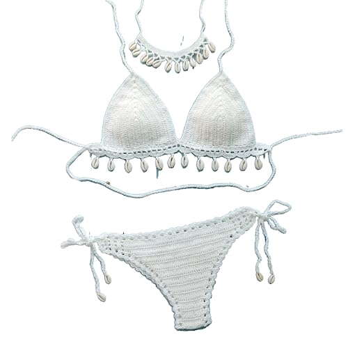 OLEETS Häkel Bikini Set Für Damen -3 Stück Muschel-Quasten-Oberteil, Sexy Tanga, Ausgehöhlter Badeanzug Mit Niedriger Taille, Modischer Spaghetti-Träger, Sommer-Badeanzug, Weiß, M OLEETS Häkel Bikini Set Für Damen -3 Stück Muschel-Quasten-Oberteil, Sexy Tanga, Ausgehöhlter Badeanzug Mit Niedriger Taille, Modischer Spaghetti-Träger, Sommer-Badeanzug, Weiß, M von OLEETS