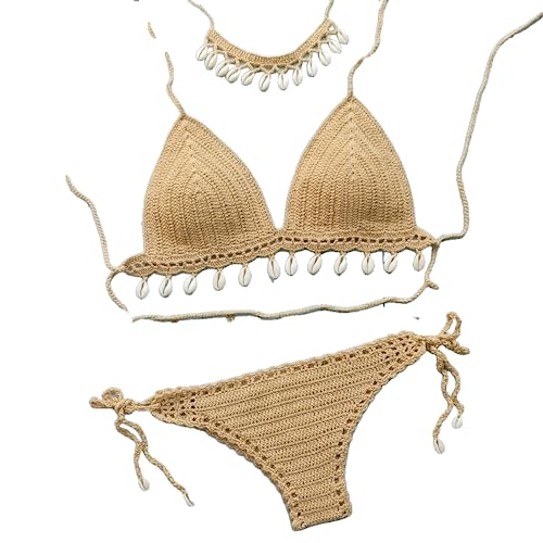 OLEETS Häkel Bikini Set Für Damen -3 Stück Muschel-Quasten-Oberteil, Sexy Tanga, Hohler Badeanzug Mit Niedriger Taille, Modischer Spaghetti-Träger, Sommer-Badeanzug, Khaki, S OLEETS Häkel Bikini Set Für Damen -3 Stück Muschel-Quasten-Oberteil, Sexy Tanga, Hohler Badeanzug Mit Niedriger Taille, Modischer Spaghetti-Träger, Sommer-Badeanzug, Khaki, S von OLEETS