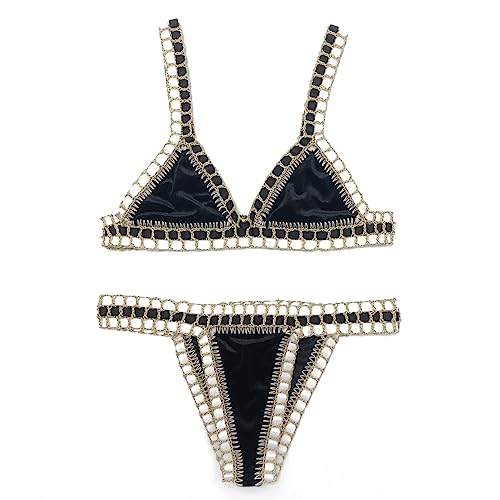 OLEETS Häkel Bikini Set Für Damen -Zweiteiliger Badeanzug Für Damen, Samt, Handgefertigt, Gestrickt, Bademode, Sommer-Sling, Strandmode, Einfarbig, Vintage-Mode, Kleidung, Schwarz, M OLEETS Häkel Bikini Set Für Damen -Zweiteiliger Badeanzug Für Damen, Samt, Handgefertigt, Gestrickt, Bademode, Sommer-Sling, Strandmode, Einfarbig, Vintage-Mode, Kleidung, Schwarz, M von OLEETS