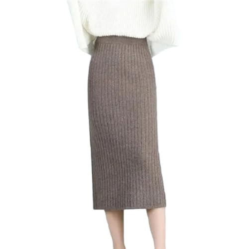 OLEETS Strickrock Für Damen - Vintage Split Slim Langer Strickrock Damen Herbst Winter Elastisch Hohe Taille Warme Streetwear Mode Einfach Für Party Arbeit Büro,Braun,S von OLEETS