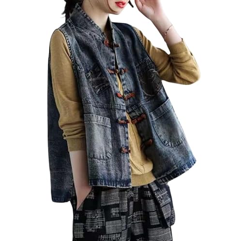 OLGER Damen Jeansweste-Ethno Distressed Washed Bestickte Jeansweste Chic Frosch Knopf Denim Weste Jeansjacke Sommer Frühling Jeansjacke Cardigan Top Outwear Plus Size,Blau,XL von OLGER