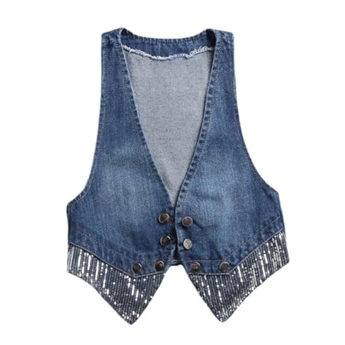 OLGER Denim Weste-Sexy Pailletten Cropped Denim Weste V-Ausschnitt Blau Gewaschen Distressed Denim Weste Glitzer Y2K Jeansjacke Ärmellos Gilet Frühling Sommer Tanktops Rücken Fliege,Blau,L von OLGER