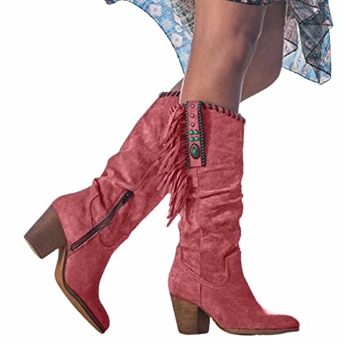 OMEARK Damen Cowboy hohe Stiefel, Mode runde Zehe hoher Absatz Lange Stiefel mit Fransen, Winter Wildleder weites Kalb Western Stiefel Reißverschluss Dicke Absätze Biker Stiefel,Rot,38 von OMEARK