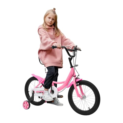 Kinderfahrrad 16 Zoll Mädchen & Jungen Fahrrad Kinder ab 3-6 Jahre Unisex Freestyle Kinderfahrräder, Höhenverstellbar Kinder Fahrrad mit Abnehmbare Stützräder, Rücktrittbremse & Kettenabdeckung (Rosa) von OMGGYER