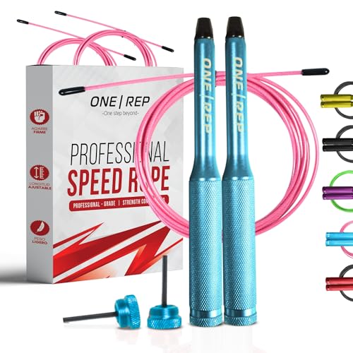 ONE REP Professionelles Crossfit-Springseil aus Aluminium, Speed Jumping Rope, Fitness-Springseil mit Kugellager und rutschfestem Griff, Jump Rope, Springseil, Boxen, für Damen, Herren (blau-rosa) von ONE REP