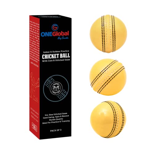 ONEGlobal Soft & Safe Practice Cricket Ball | Weicher & Sicherer Gummi-Cricketball zum Üben | Mit Echter Naht & Kern für Hüpfen & Schwingen | Ideal für Selbstvertrauen & Streichhölzer (3-Gelb) von ONEGlobal