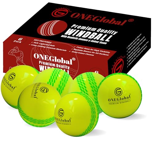 ONEGlobal Premium Windball Weiche Cricketbälle | Langlebig & sicher, farbige Naht, realistischer Sprung & Schwung | Indoor-/Outdoor-Coaching, Training, Garten & Strandspiele (6 Fluoro-Gelb) von ONEGlobal