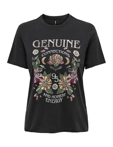 ONLY Damen Bedrucktes T-Shirt | Kurzarm Basic Rundhals Top mit Schrift | Printed Shortsleeve ONLLUCY, Farben:Schwarz-6, Größe:XS von ONLY