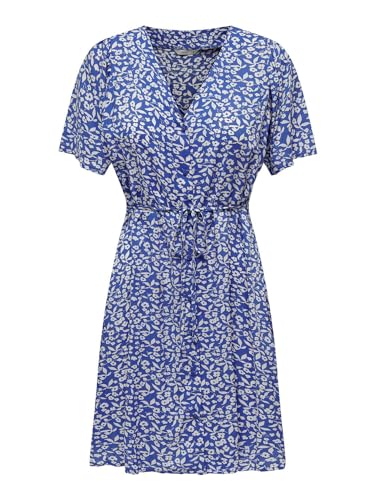 ONLY Damen Legeres Mini Kleid Sommerliches Design Muster Blusenkleid Kurzarm Dress, Farben:Blau, Größe:XS von ONLY