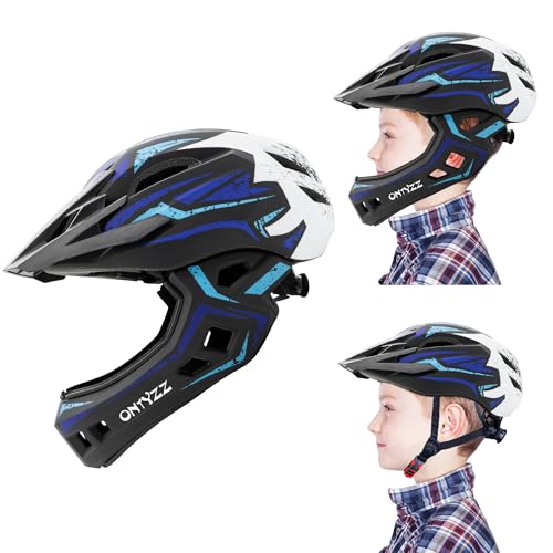 Kinder Fahrradhelm Leicht Integralhelm Kinder mit Abnehmbaren Kinnschutz Abnehmbarer Visier Kinder Downhill Helm für Balance Bike Scooter Roller Skates Blau-Weiß/M von ONTYZZ