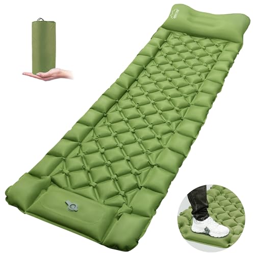 ONTYZZ Schlafmatte Outdoor Camping Isomatte Selbstaufblasend Luftmatratze Ultraleicht Tragbar Anti-Ripstop Verdickte Schlafmatte mit Kissen & Fußpresse Pumpe Aufblasbare Camping-Pad (Armeegrün) von ONTYZZ