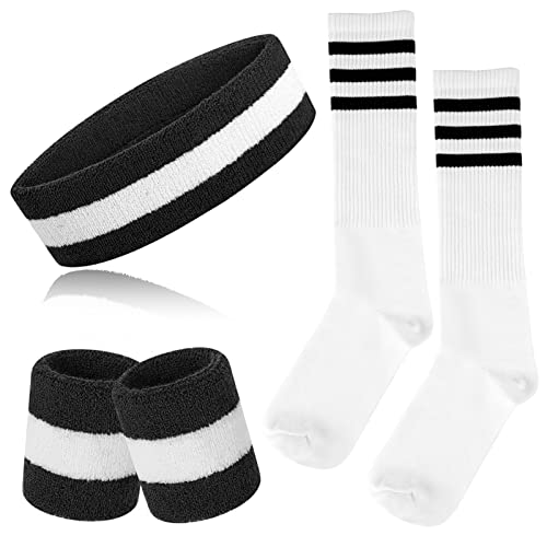 ONUPGO 5-teiliges gestreiftes Schweißband und Socken-Set, gestreiftes Stirnband, Schweißbänder, gestreifte hohe Socken für Männer, Frauen, Sport und 80er-Party (Black/White/Black) von ONUPGO